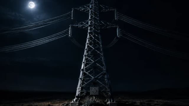 Hochspannungsmast aus Stahlgitter bei Nacht, der allein ein dichtes Leitungsbündel über eine dunkle Ebene trägt, am Fuß ein Metallschild mit eingravierter Raute