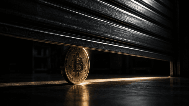 Ein schweres Metall-Rolltor senkt sich bis auf einen schmalen Spalt, in dem eine goldene Münze mit Bitcoin-Zeichen aufrecht im Licht steht
