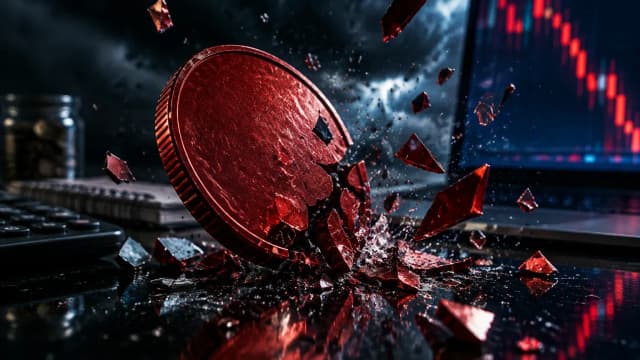 Red metal coin shattering on a black glass surface in front of a screen with falling candlesticks