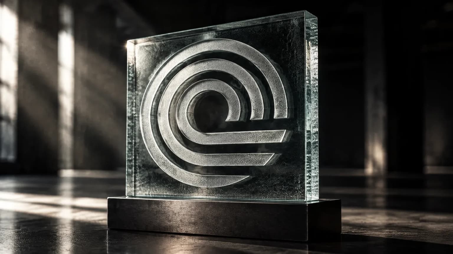 Épaisse plaque de verre sablé sur un socle en acier sombre dans une halle vide, le signe d’Ondo étant gravé profondément dans le verre