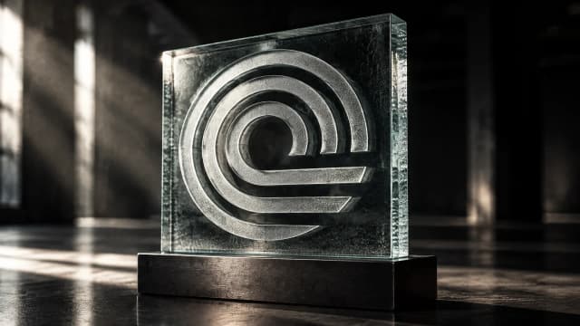 Dicke sandgestrahlte Glastafel auf dunklem Stahlsockel in einer leeren Halle, in das Glas ist das Ondo-Zeichen tief eingeschliffen