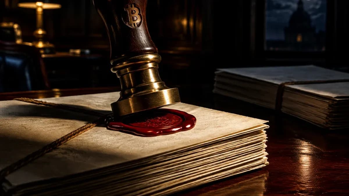 Ein Messing-Siegelstempel presst ein rotes Wachssiegel auf ein Bündel amtlicher Papiere, daneben liegt ein ungesiegeltes Bündel im Schatten
