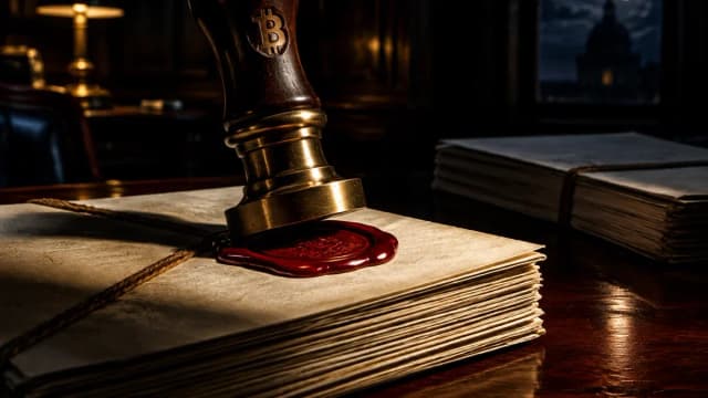 Ein Messing-Siegelstempel presst ein rotes Wachssiegel auf ein Buendel amtlicher Papiere, daneben ein ungesiegeltes Buendel im Schatten