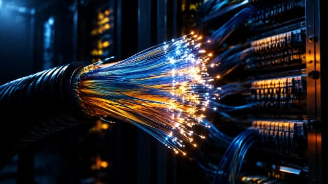 Aufgefächertes Bündel Glasfaserkabel mit leuchtenden Faserenden vor einer Rangierwand in einem abgedunkelten Technikraum