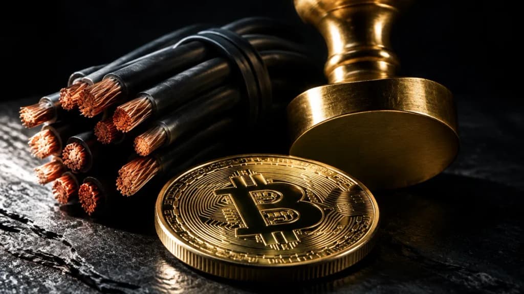 Durchtrennte Telefonkabel mit blanken Kupferadern neben einem leeren Messing-Amtsstempel und einer Goldmuenze mit Bitcoin-Zeichen
