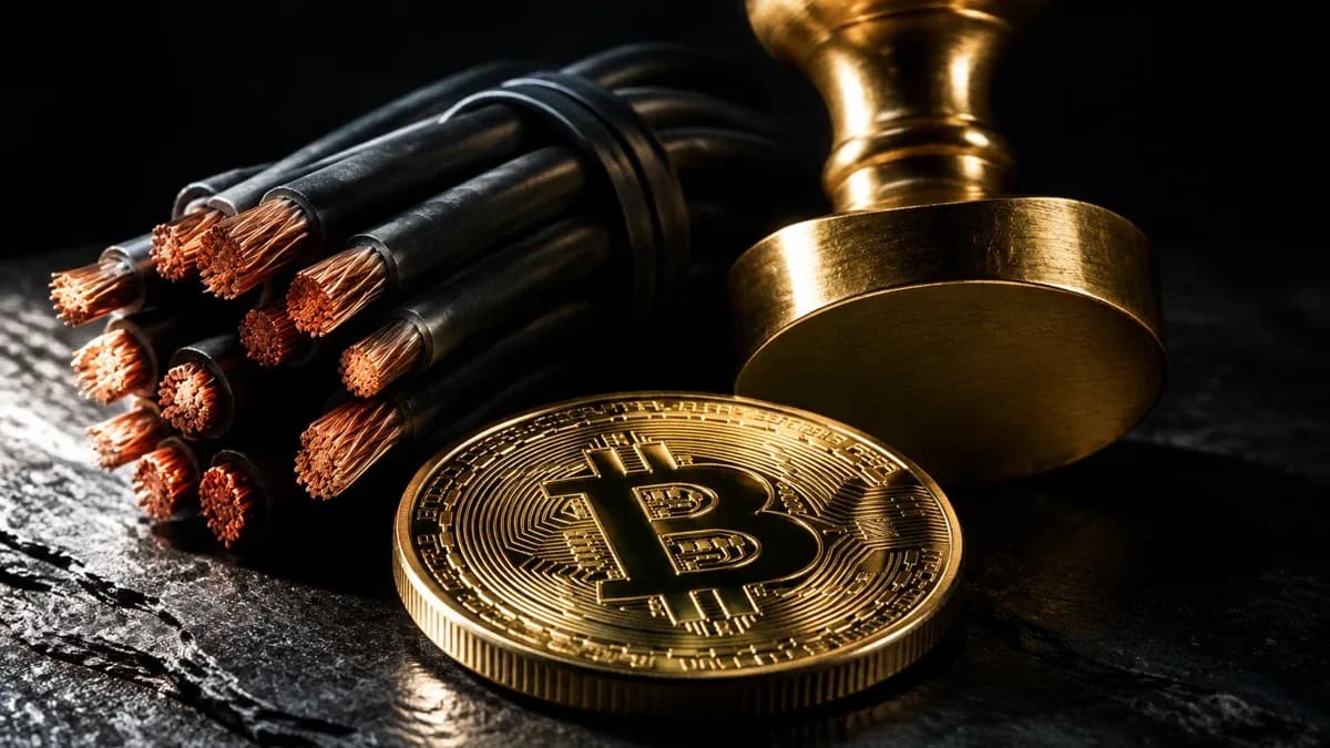 Durchtrennte Telefonkabel mit blanken Kupferadern neben einem leeren Messing-Amtsstempel und einer Goldmünze mit Bitcoin-Zeichen