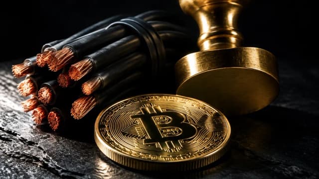 Durchtrennte Telefonkabel mit blanken Kupferadern neben einem leeren Messing-Amtsstempel und einer Goldmuenze mit Bitcoin-Zeichen
