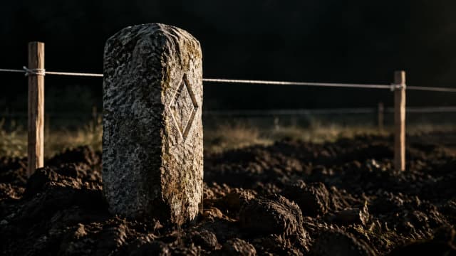 Verwitterter Grenzstein mit eingravierter Raute auf aufgebrochener Erde, dahinter eine gespannte Vermessungsschnur zwischen Holzpflöcken
