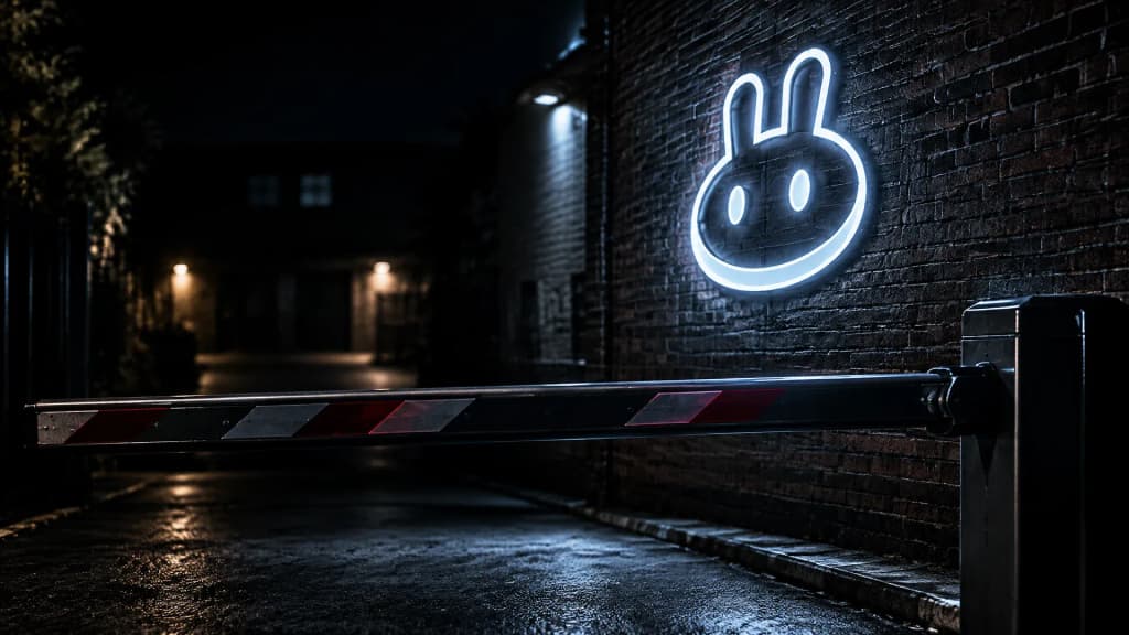 Fast geschlossene Schranke vor einer nachtdunklen Hofeinfahrt, darüber ein kaltweißes Neonzeichen mit dem CAKE-Zeichen an einer Backsteinwand