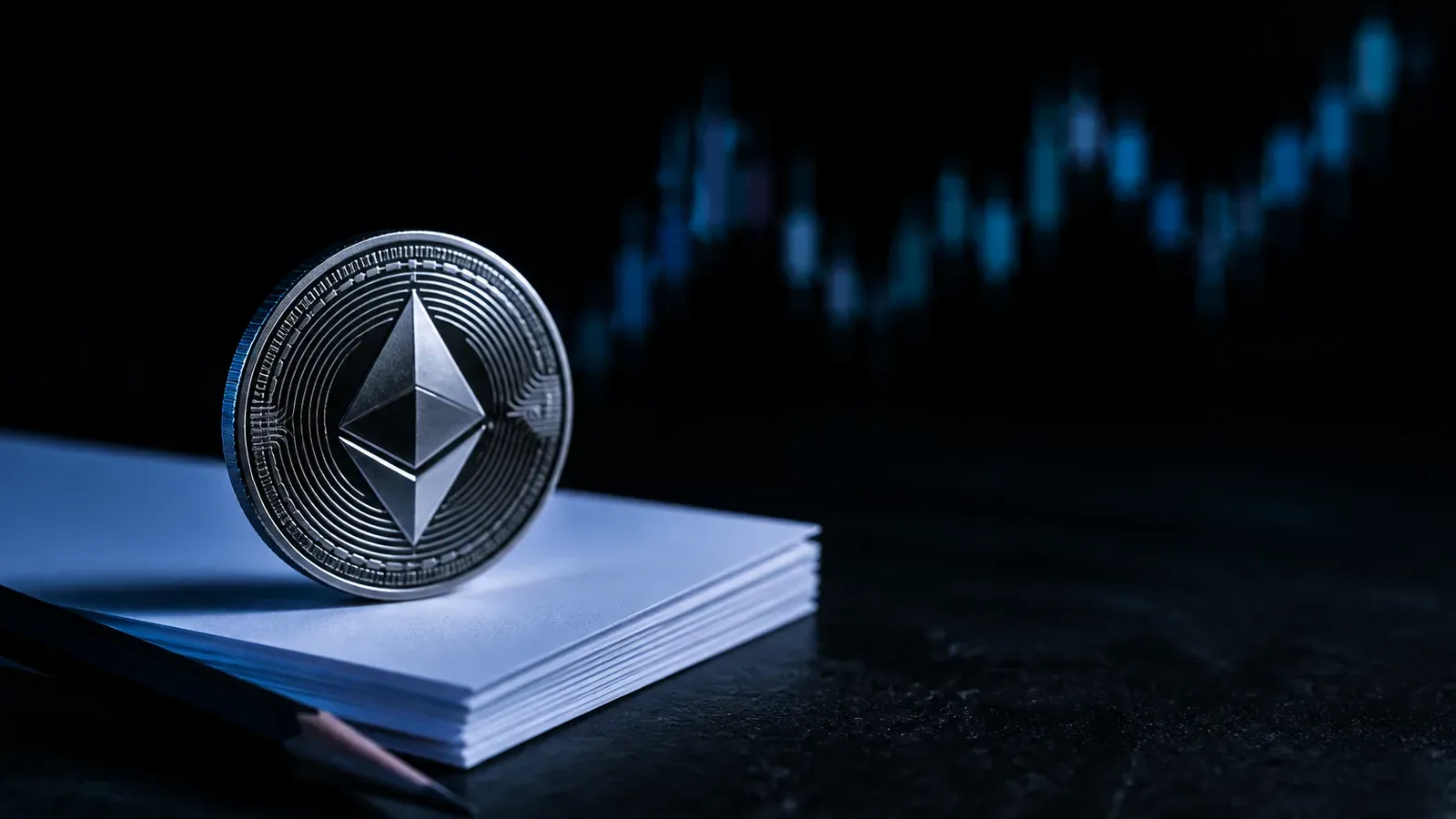 An ethereum coin standing on a stack of blank paper sheets next to a pencil, a symbol for crypto paper trading