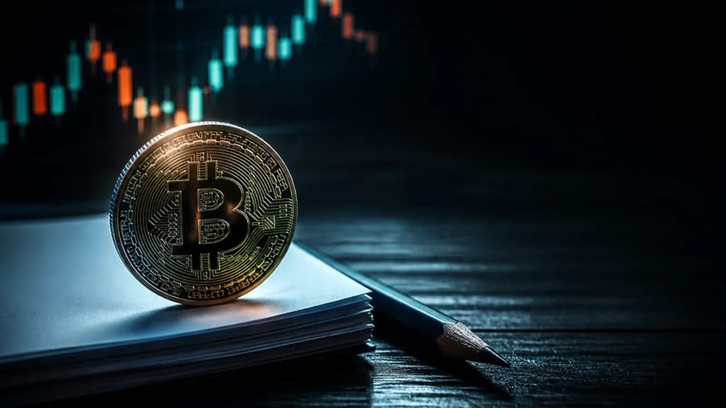 Bitcoin-Münze auf einem Stapel leerer Papierbögen neben einem Bleistift, Sinnbild für Paper Trading mit Krypto