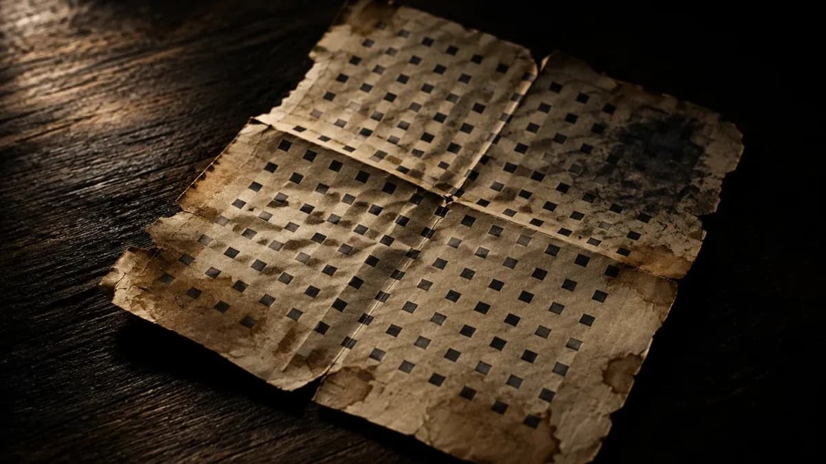 Vergilbtes, mehrfach gefaltetes Blatt Papier mit einem Raster aus schwarzen Quadraten, an den Rändern eingerissen und von Wasserflecken gezeichnet