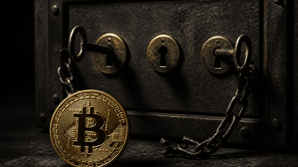 Stahltuer eines Schliessfachs mit drei Schluessellochern: in zwei Loechern steckt ein Messingschluessel, das mittlere ist leer, davor eine durchtrennte Kette und eine Bitcoin-Muenze
