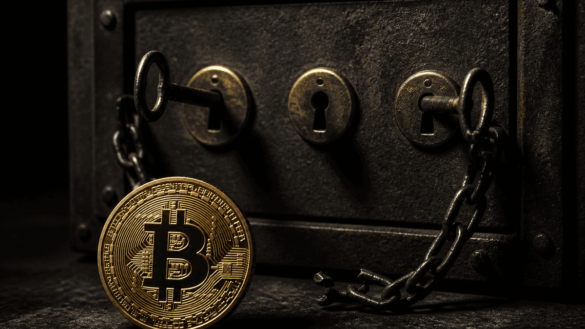 Stahltuer eines Schliessfachs mit drei Schluessellochern: in zwei Loechern steckt ein Messingschluessel, das mittlere ist leer, davor eine durchtrennte Kette und eine Bitcoin-Muenze