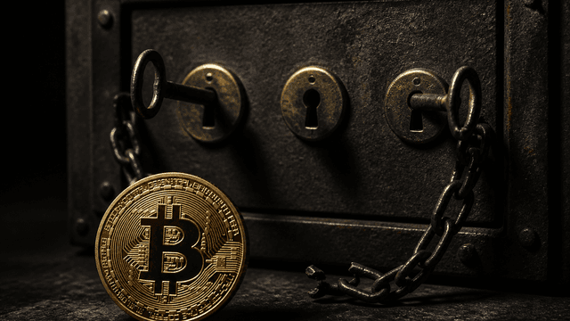 Stahltuer eines Schliessfachs mit drei Schluessellochern: in zwei Loechern steckt ein Messingschluessel, das mittlere ist leer, davor eine durchtrennte Kette und eine Bitcoin-Muenze