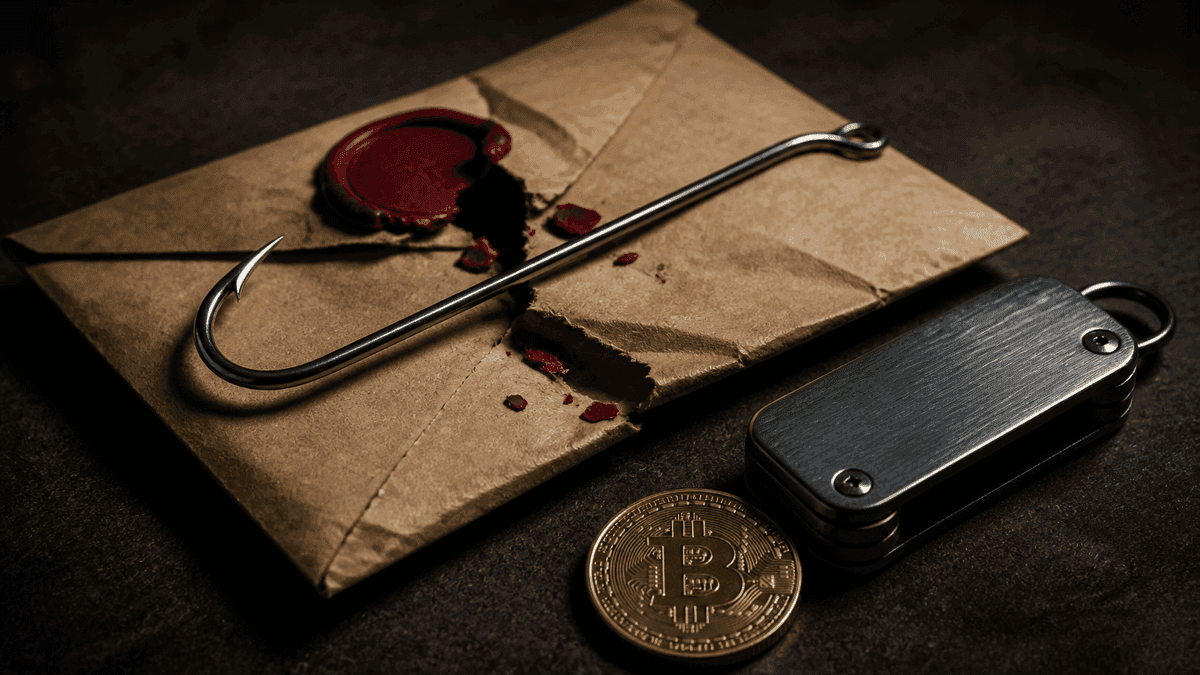 Aufgerissener Briefumschlag mit gebrochenem Wachssiegel, quer darueber ein Stahl-Angelhaken, daneben ein Metallgeraet zur Schluesselaufbewahrung und eine Muenze mit eingepraegtem Bitcoin-Zeichen