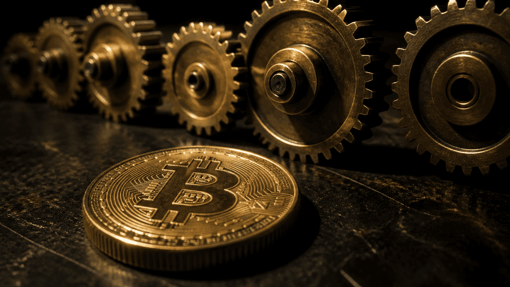 Reihe ineinandergreifender Messingzahnraeder auf dunkler Werkbank, das letzte Zahnrad steht mit sichtbarem Spalt daneben, davor eine Metallmuenze mit Bitcoin-Zeichen