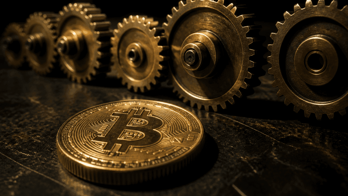 Reihe ineinandergreifender Messingzahnräder auf dunkler Werkbank, das letzte Zahnrad steht mit sichtbarem Spalt daneben, davor eine Metallmünze mit Bitcoin-Zeichen