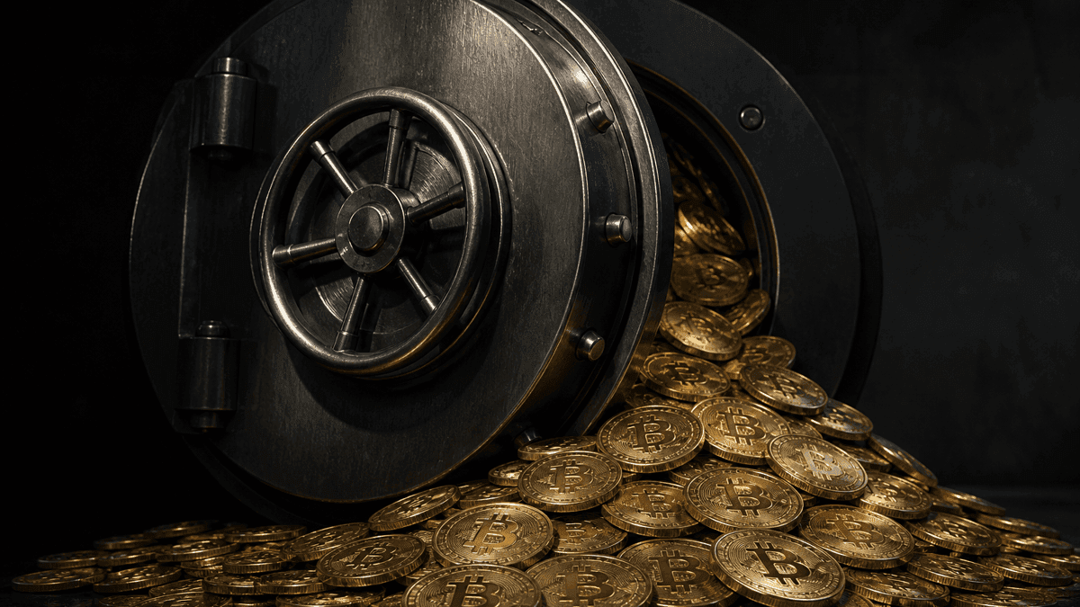Schweres rundes Tresortor aus dunklem Stahl steht einen Spalt offen, aus dem Spalt quillt eine Lawine goldener Münzen mit eingeprägtem Bitcoin-Zeichen