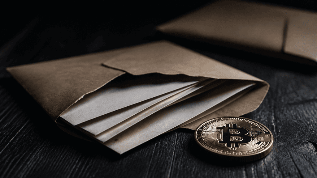 Aufgeschlitzter Briefumschlag auf dunklem Holz, leere Papierbögen gleiten heraus, daneben eine physische Münze mit eingeprägtem Bitcoin-Zeichen