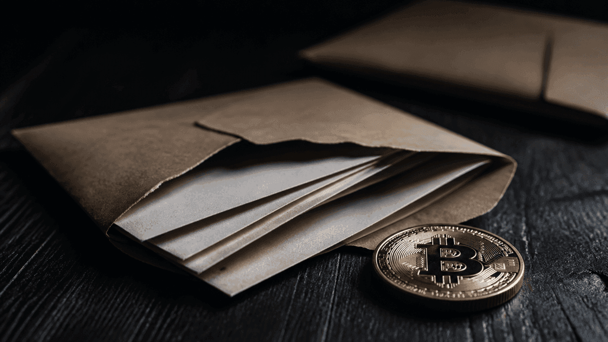 Aufgeschlitzter Briefumschlag auf dunklem Holz, leere Papierbögen gleiten heraus, daneben eine physische Münze mit eingeprägtem Bitcoin-Zeichen