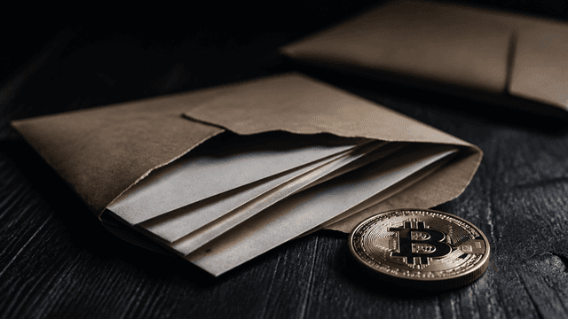 Aufgeschlitzter Briefumschlag auf dunklem Holz, leere Papierbögen gleiten heraus, daneben eine physische Münze mit eingeprägtem Bitcoin-Zeichen