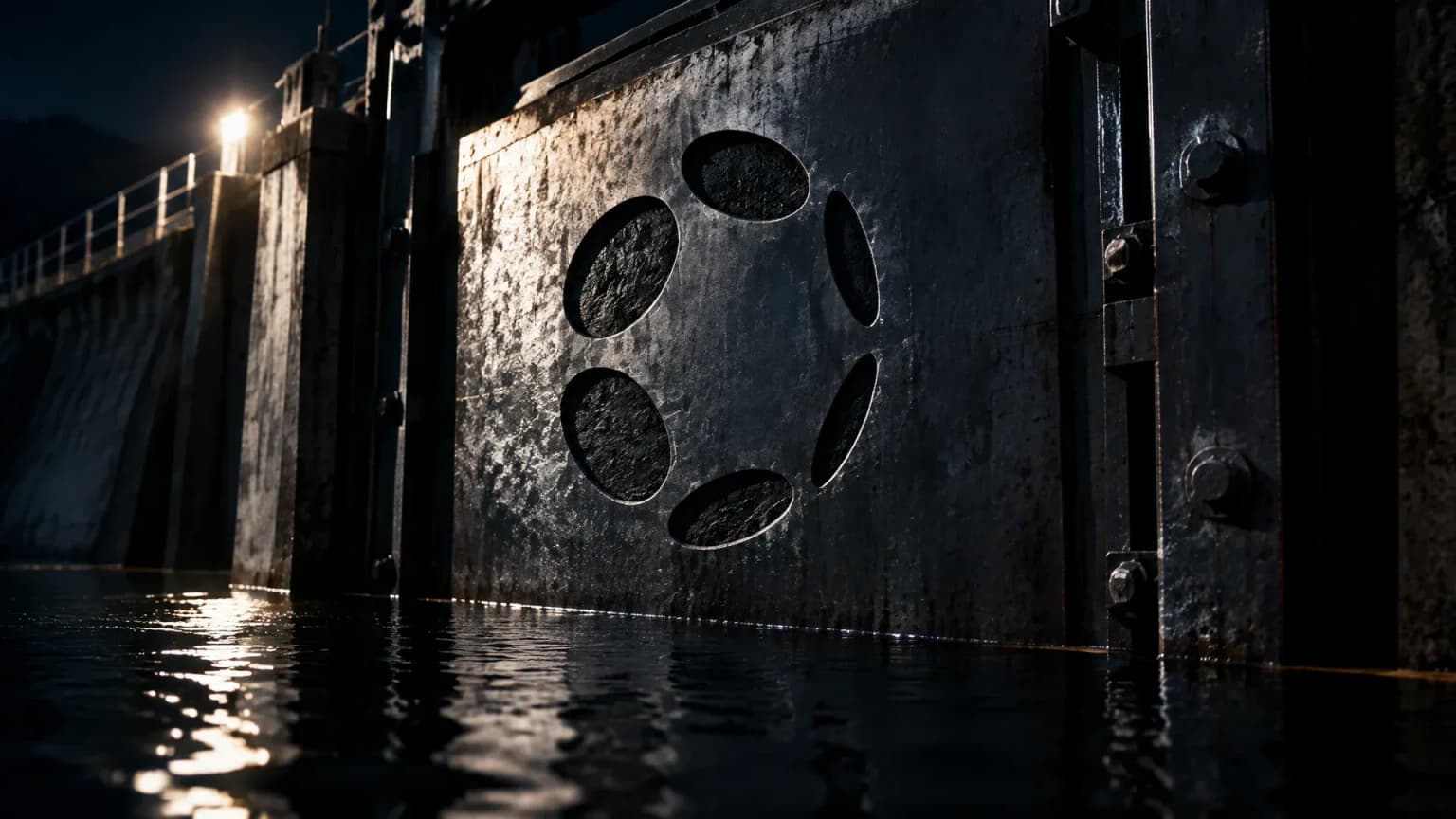 Schweres stählernes Schleusentor eines Staudamms bei Nacht, in die Stahlplatte ist das Polkadot-Zeichen eingraviert, das Wasser steht dicht unter der Oberkante