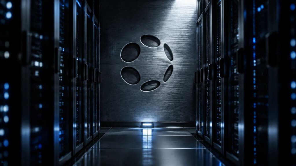 Tiefe Gravur mit dem Polkadot-Zeichen in einer gebuersteten Stahlwand am Ende eines dunklen Serverganges