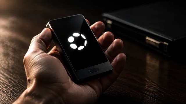 Markenlose Hardware-Wallet in einer geoeffneten Handflaeche, auf dem dunklen Display leuchtet der Punktekranz des Polkadot-Zeichens, dahinter ein geschlossener Aktenordner auf dunklem Holz