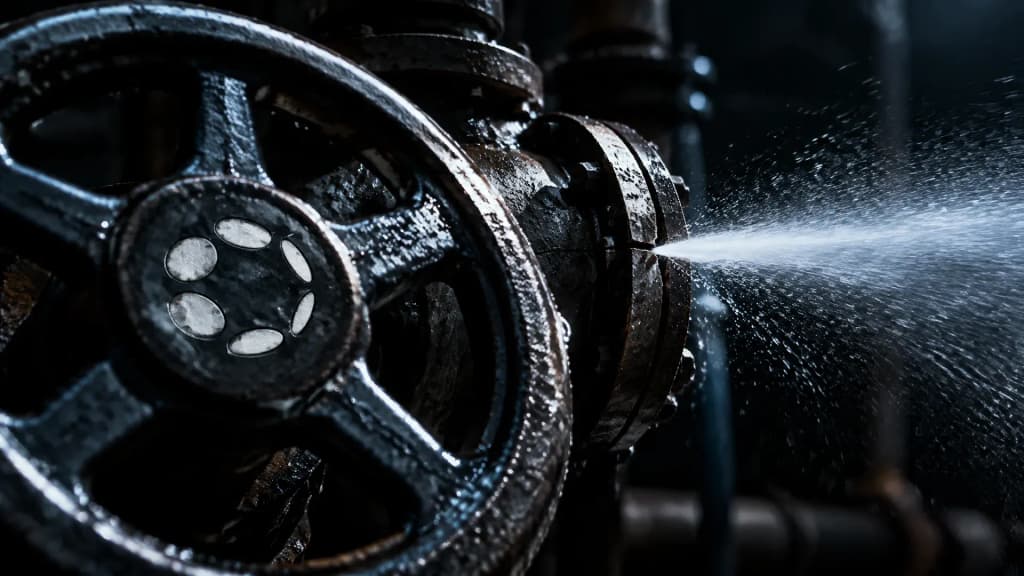 Schweres Ventilrad einer Pumpstation im Dunkeln, in der Nabe ist der Punktekranz des Polkadot-Zeichens eingepraegt, aus dem Spalt der Verschraubung dahinter tritt ein feiner Wasserstrahl unter Druck aus