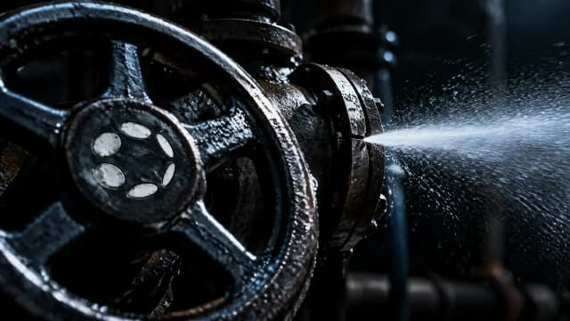 Schweres Ventilrad einer Pumpstation im Dunkeln, in der Nabe ist der Punktekranz des Polkadot-Zeichens eingepraegt, aus dem Spalt der Verschraubung dahinter tritt ein feiner Wasserstrahl unter Druck aus
