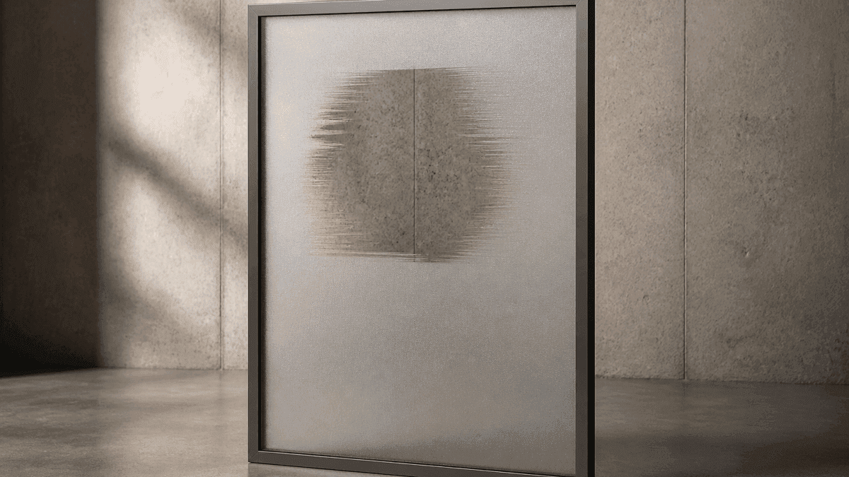 Milchglasscheibe in einem Metallrahmen, ein Bereich blank geschliffen, sodass die Wand dahinter durchscheint