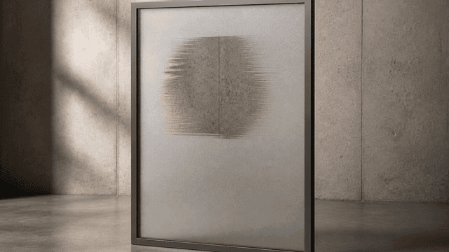 Milchglasscheibe in einem Metallrahmen, ein Bereich blank geschliffen, sodass die Wand dahinter durchscheint