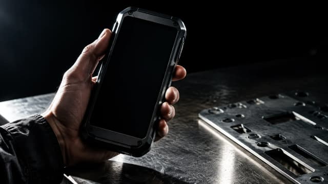 Eine Hand hält ein markenloses Hardware-Gerät mit dunklem Display über einer Stahlwerkbank, daneben eine gestanzte Metallplatte