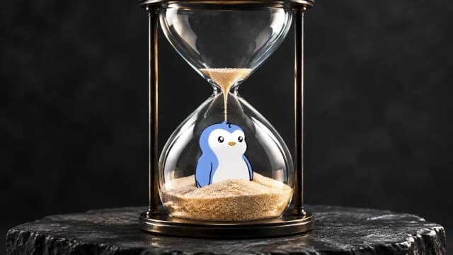 Gläserne Sanduhr auf dunklem Stein, im unteren Glaskolben sitzt das PENGU-Zeichen im fast durchgelaufenen Sand