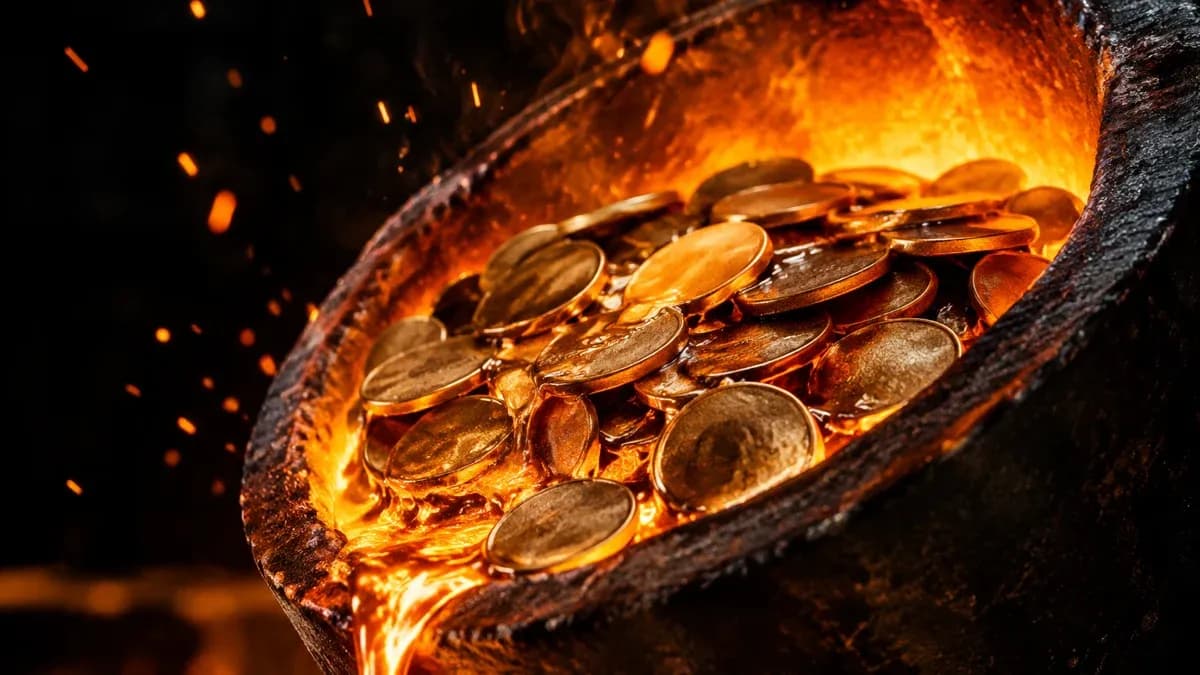 Unbeschriftete Bronzemünzen schmelzen in einem glühenden Tiegel