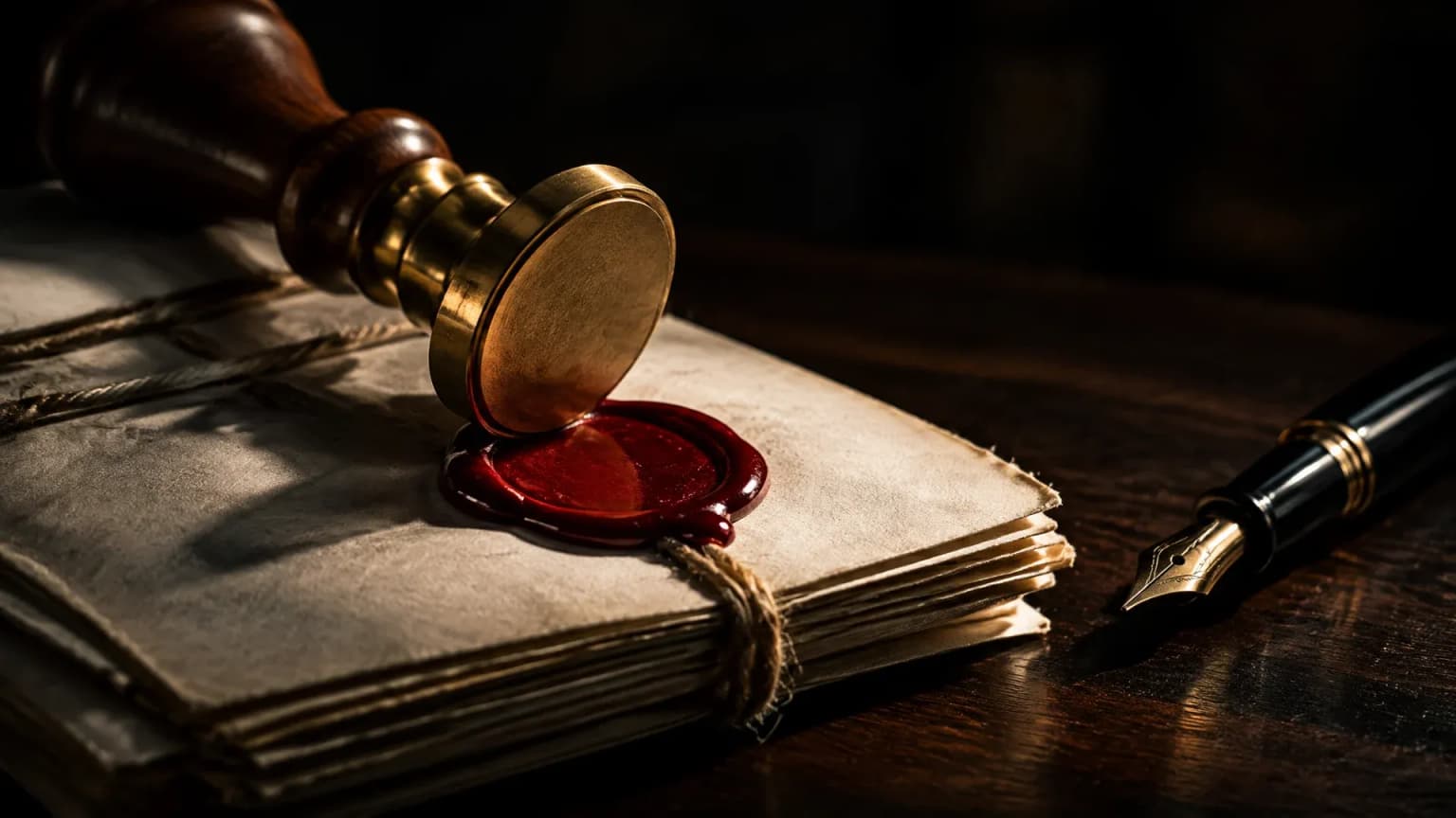 Messing-Siegelstempel und roter Siegellack auf einem Bündel amtlicher Urkunden auf dunklem Holz