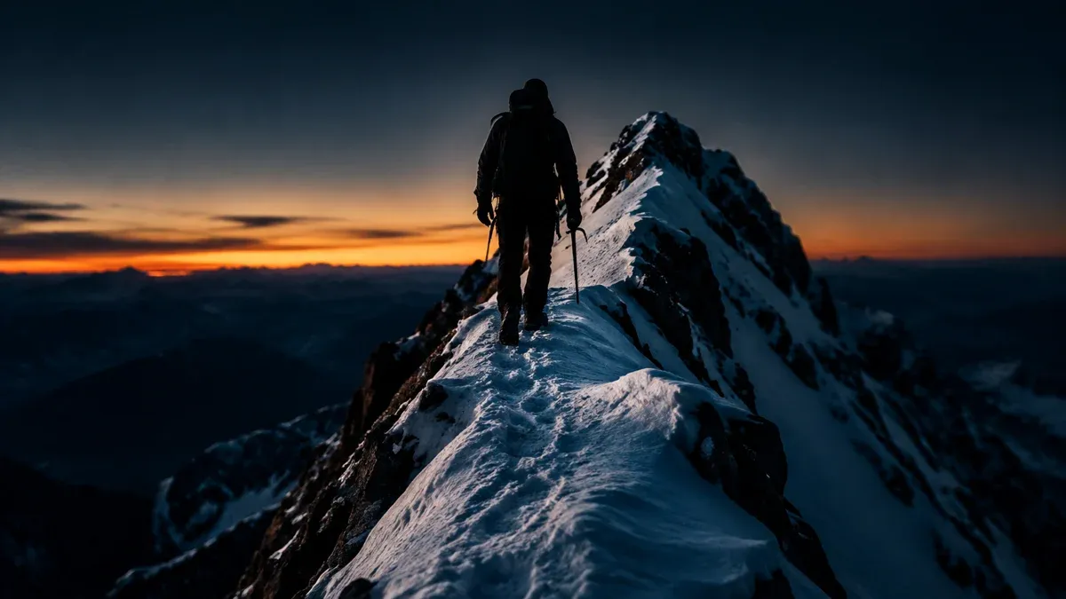 Bergsteiger als Silhouette auf einem schmalen Schneegrat kurz unter dem Gipfel