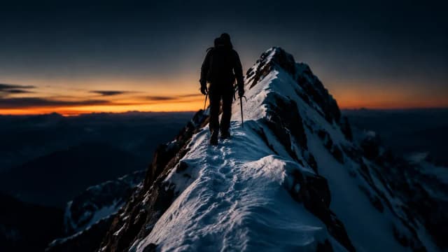 Bergsteiger als Silhouette auf einem schmalen Schneegrat kurz unter dem Gipfel