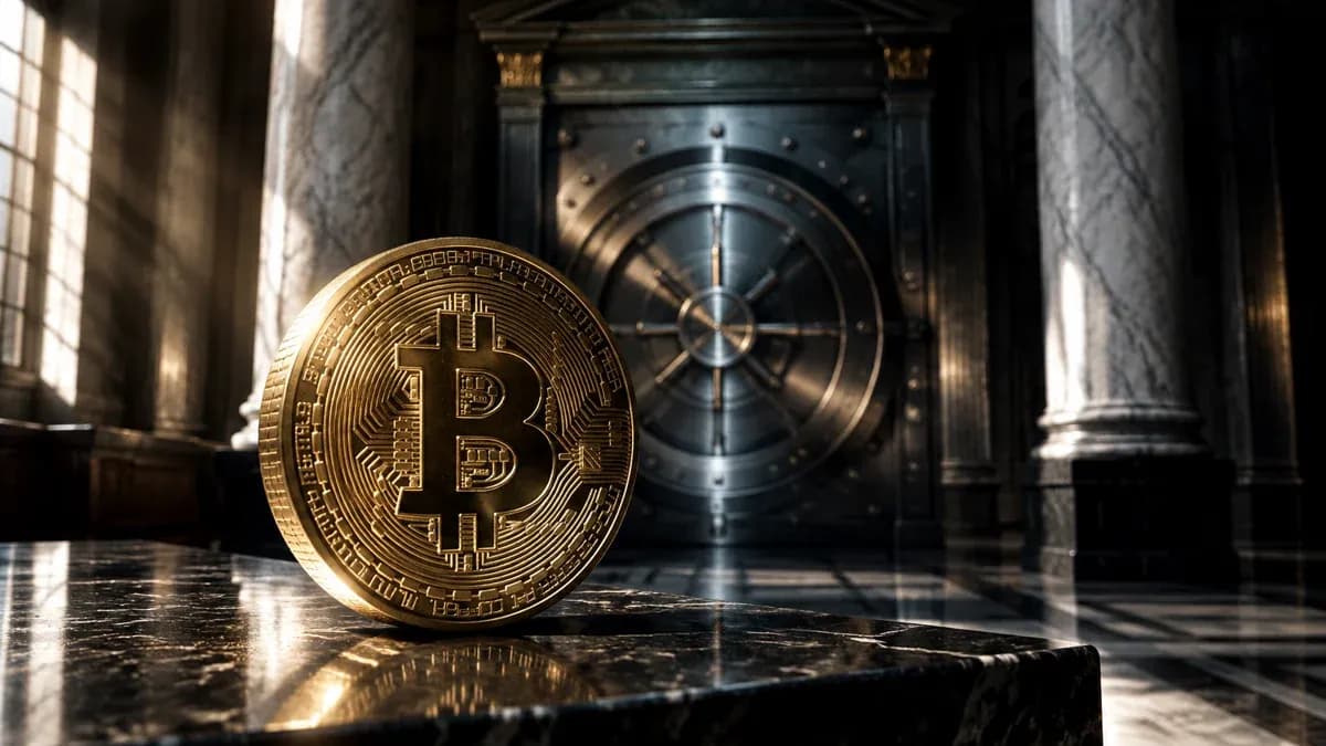 Klassizistische Bankschalterhalle mit Marmorsaeulen und rundem Stahltresortor, davor eine grosse Muenze mit Bitcoin-Zeichen auf dunklem Marmortresen