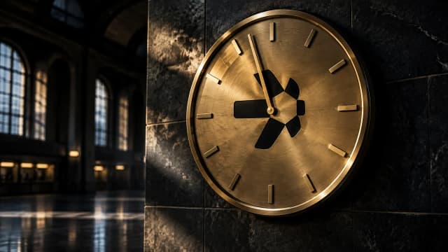 Große Messing-Bahnhofsuhr ohne Ziffern an einer dunklen Steinwand, im Zifferblatt ist das QNT-Zeichen als dunkle Intarsie eingelassen, der Zeiger steht kurz vor der Markierung