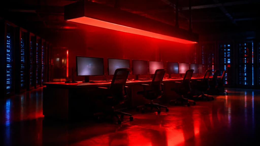 Leerer Leitstand in einem nächtlichen Kontrollraum unter einer großen roten Statusleuchte