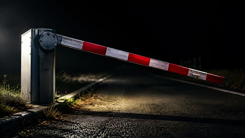 Halb heruntergelassene rot-weiße Schlagbaum-Schranke aus Metall über einer leeren nächtlichen Zufahrt, dahinter verliert sich die Fahrbahn im Dunkel