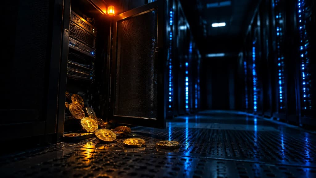 Serverschrank mit offener Tür in einem dunklen Rechenzentrum, davor verstreute Bitcoin-Münzen auf dem Boden