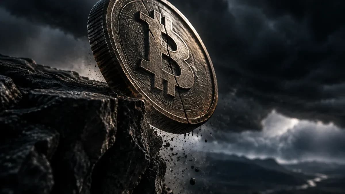 Große Metallmünze mit eingeprägtem Bitcoin-Zeichen kippt mit einem Riss in der Prägung über die Abbruchkante eines Steinplateaus, dahinter eine Gewitterfront