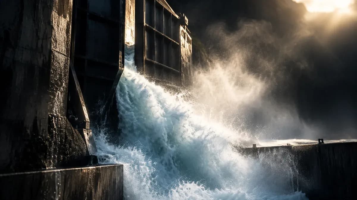 Schleusentor eines Staudamms öffnet sich einen Spalt, eine gewaltige Wassermasse schießt in ein viel zu kleines Betonbecken