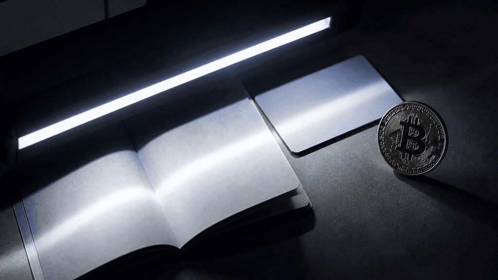 Ein aufgeschlagener Reisepass und eine leere Ausweiskarte liegen unter dem Lichtbalken eines Dokumentenscanners, daneben eine Metallmuenze mit Bitcoin-Zeichen