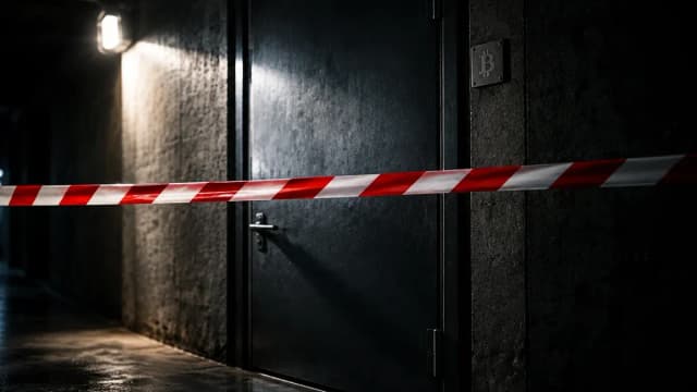 Rotweißes Absperrband straff vor einer schweren Stahltür in einem dunklen Betonkorridor, hartes Seitenlicht einer Notleuchte, am Türrahmen ein kleines Metallschild mit eingraviertem Bitcoin-Zeichen