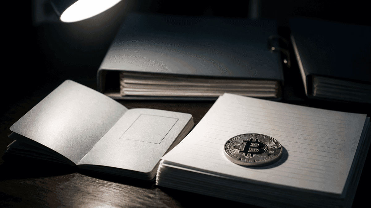 Aufgeschlagenes Ausweisheft und ein Stapel Kontoauszüge auf einem dunklen Schreibtisch unter einer Arbeitsleuchte, darauf eine Metallmünze mit Bitcoin-Prägung