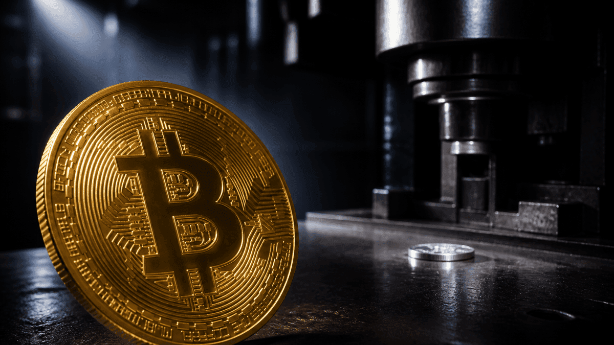 Prensa acuñadora en una ceca oscura con una única moneda de plata recién acuñada sobre una mesa de acero vacía y, delante, una gran moneda de oro con el símbolo de Bitcoin